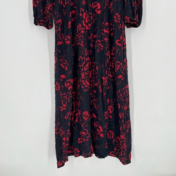 Zara Black Red Floral Rose Wrap Front High Slit Midi Dress - Picture 3 of 9